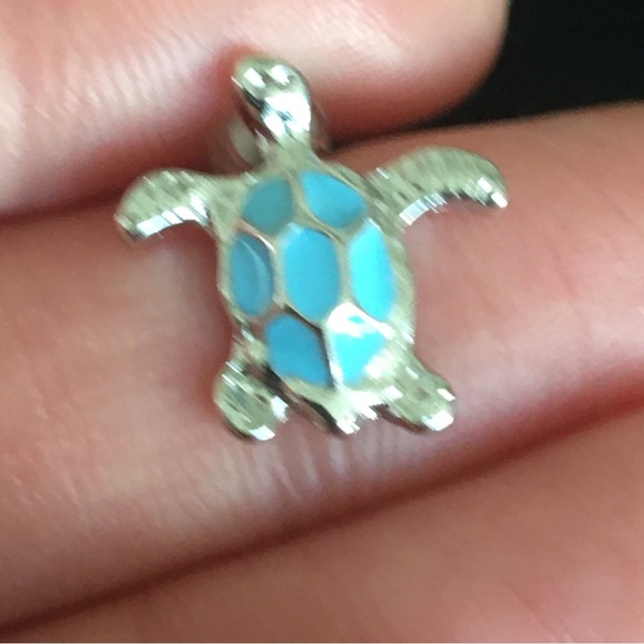 Blue and Silver Turtle Stud Earrings - Picture 5 of 7
